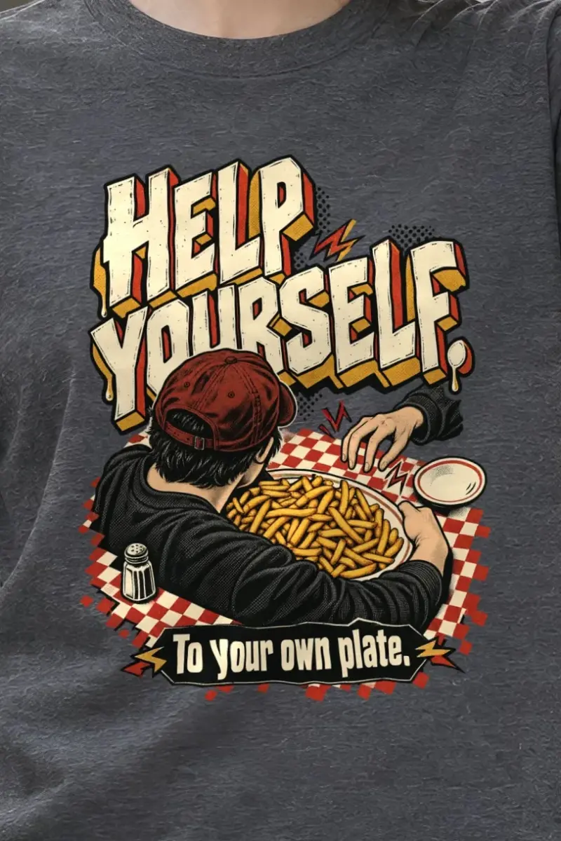 "Help Yourself To Your Own Plate" Heavyweight Unisex Crewneck T-shirt - the graphic up close