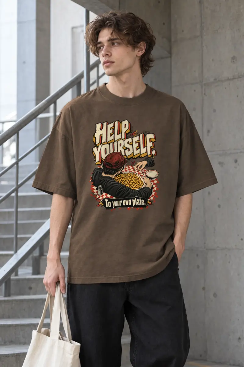 “HELP YOURSELF To your own plate.” Men’s Oversized Heavyweight Crewneck T-Shirt