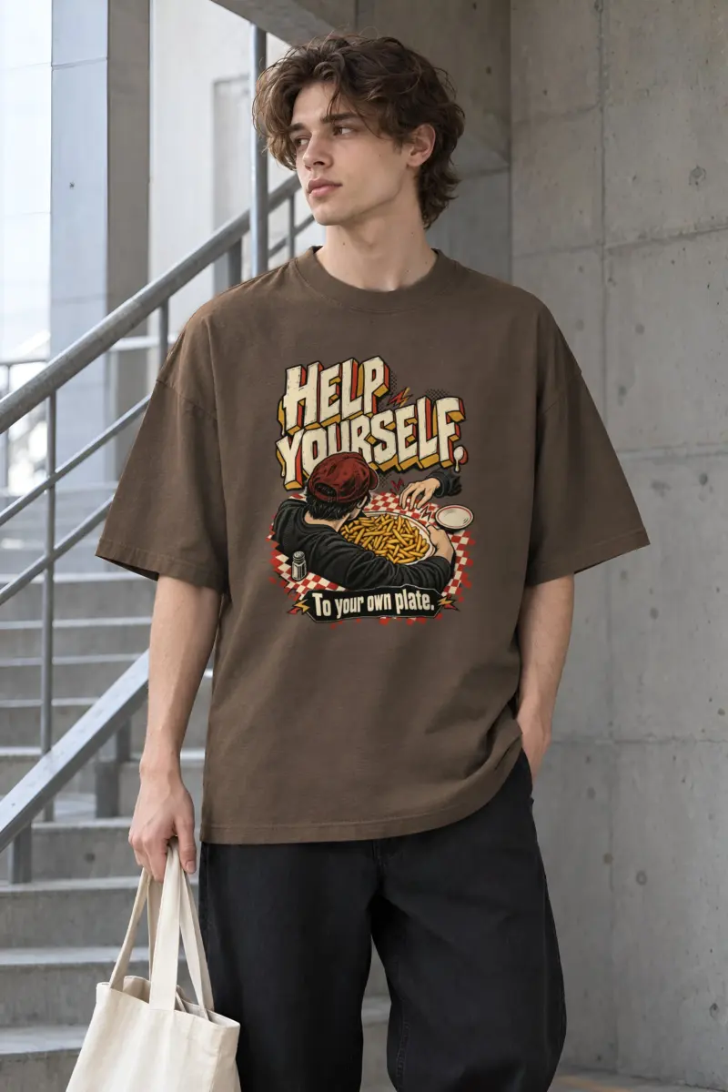 "HELP YOURSELF To your own plate." Men's Oversized Heavyweight Crewneck T-Shirt
