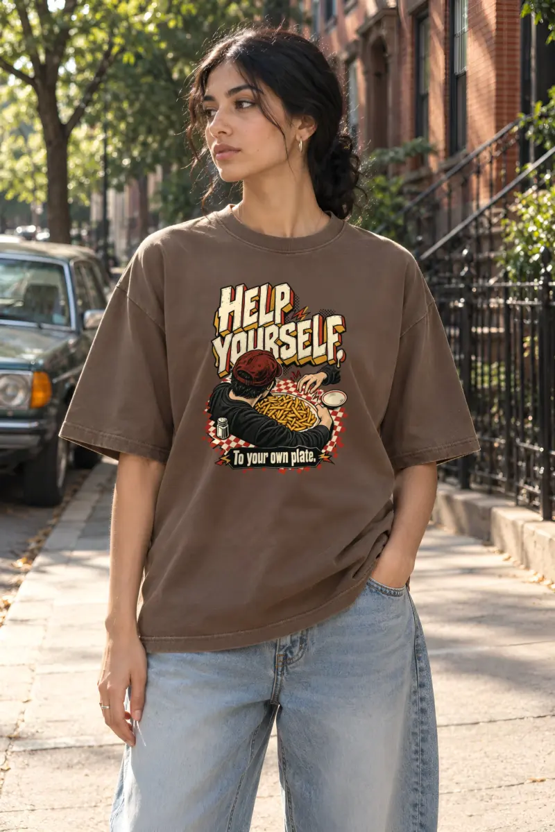 "HELP YOURSELF To your own plate." Unisex Oversized Heavyweight Crewneck T-Shirt