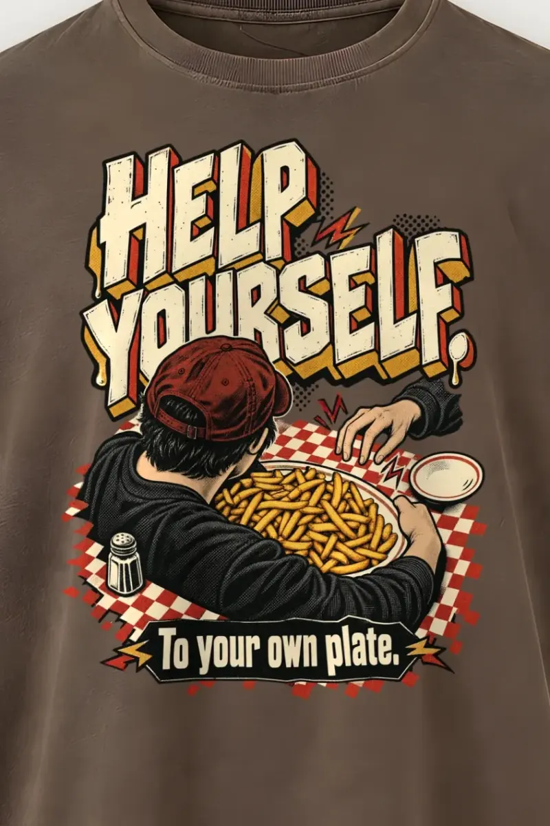 "HELP YOURSELF To your own plate." Men’s Oversized Heavyweight Crewneck T-Shirt - the graphic up close