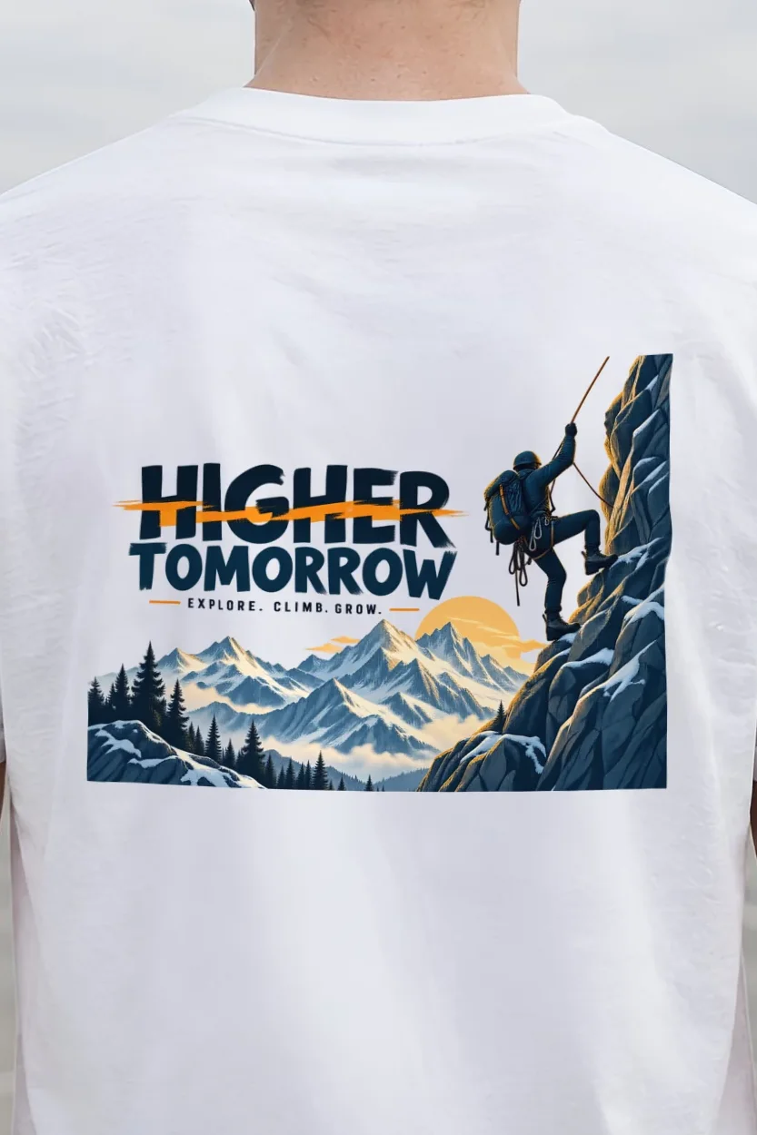 "Higher Tomorrow" Heavyweight Unisex Crewneck T-shirt - the graphic up close