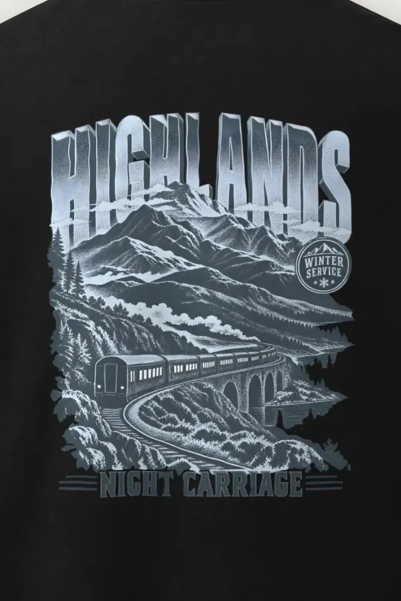 "Highlands Winter Service" Men’s Oversized Heavyweight Crewneck T-Shirt - the graphic up close