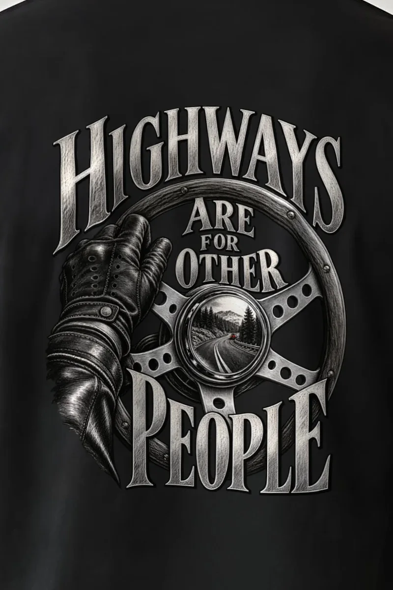 "Highways Are for Other People" Heavyweight Unisex Crewneck T-shirt - the graphic up close