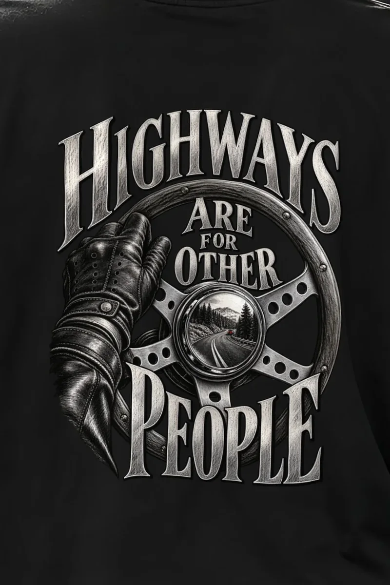 "Highways Are For Other People" Unisex Oversized Heavyweight Crewneck T-Shirt - the graphic up close
