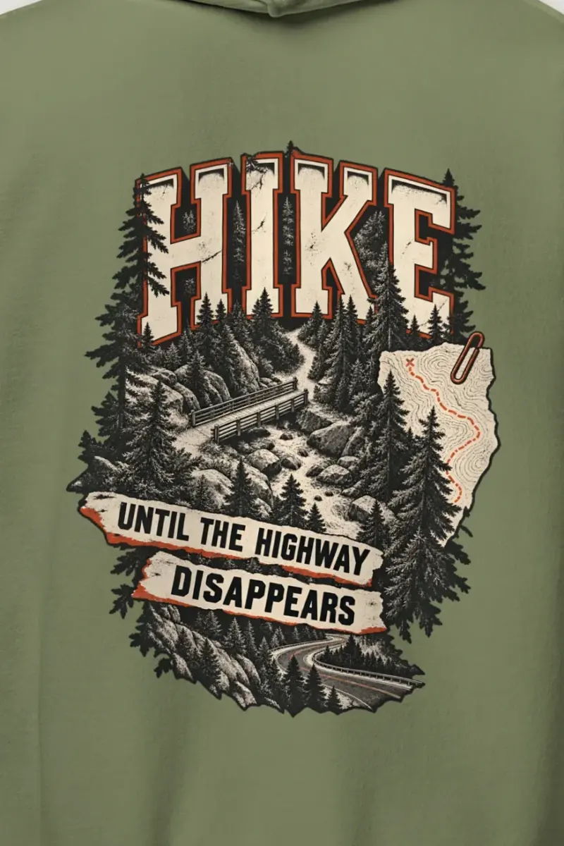 "Hike Until the Highway Disappears" Heavy Blend Unisex Pullover Hoodie - the graphic up close