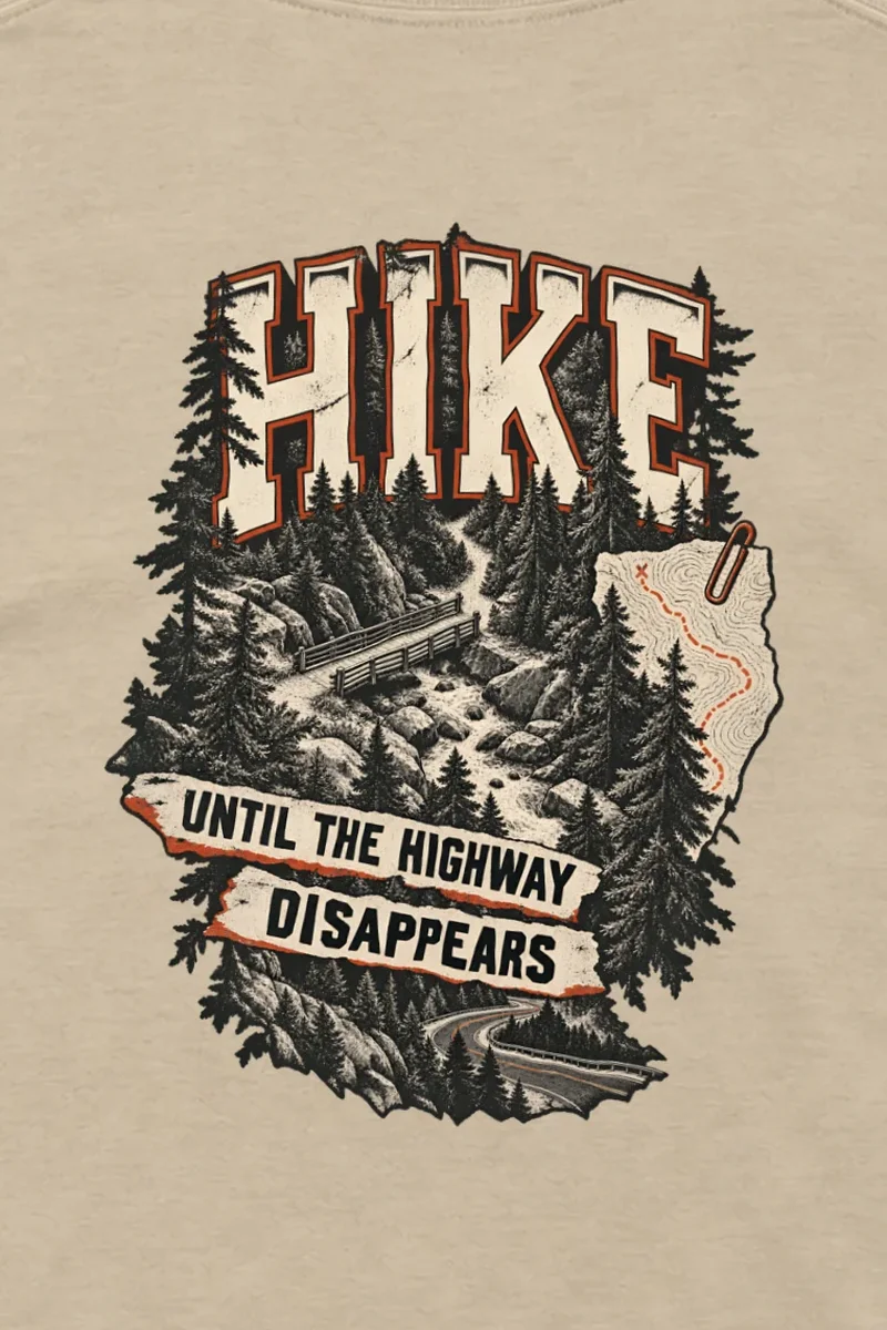 "Hike Until the Highway Disappears" Unisex Longsleeve T-shirt - the graphic up close