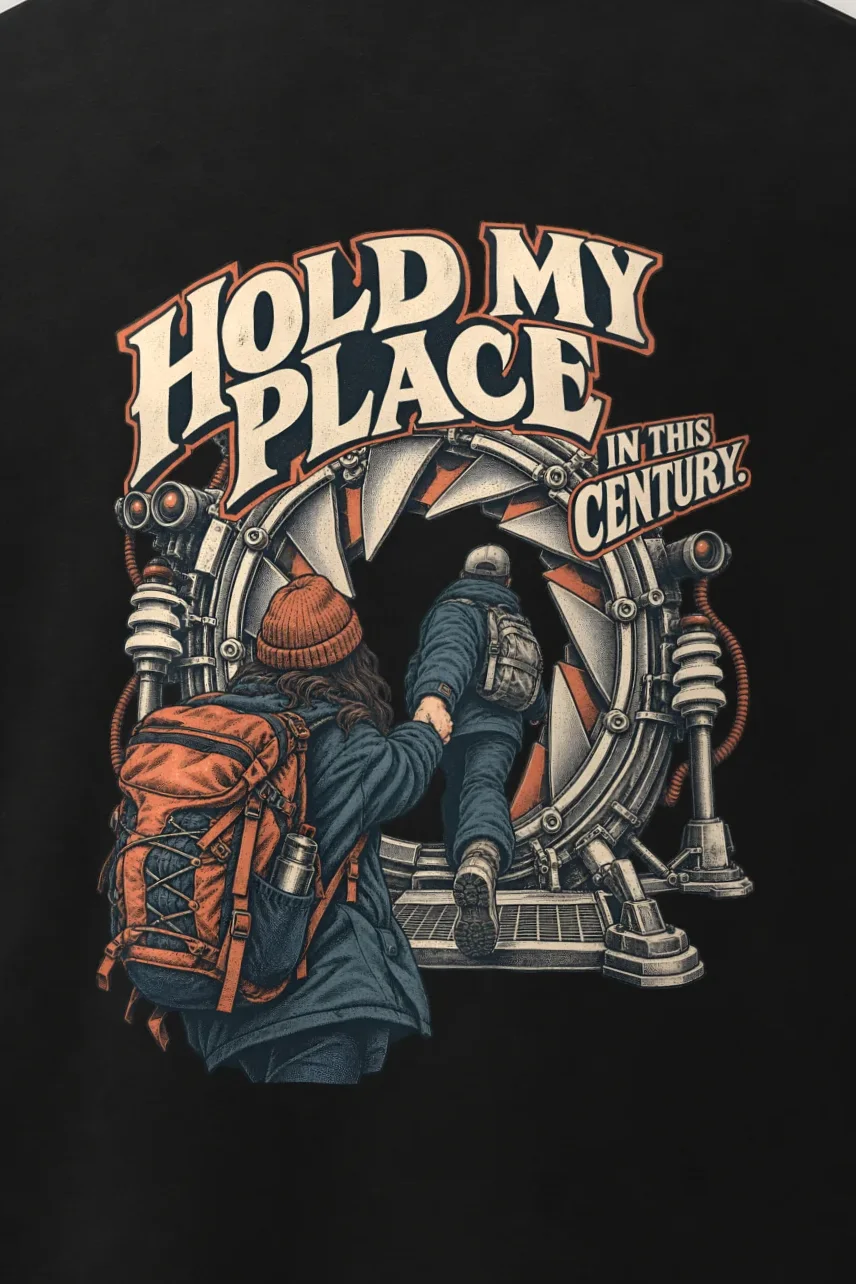 "Hold My Place in This Century" Men’s Oversized Heavyweight Crewneck T-Shirt - the graphic up close