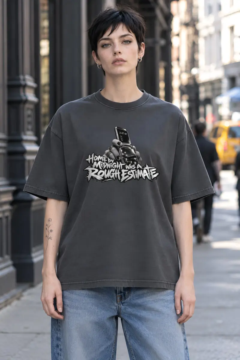 "Home by Midnight Was a Rough Estimate" Unisex Oversized Heavyweight Crewneck T-Shirt