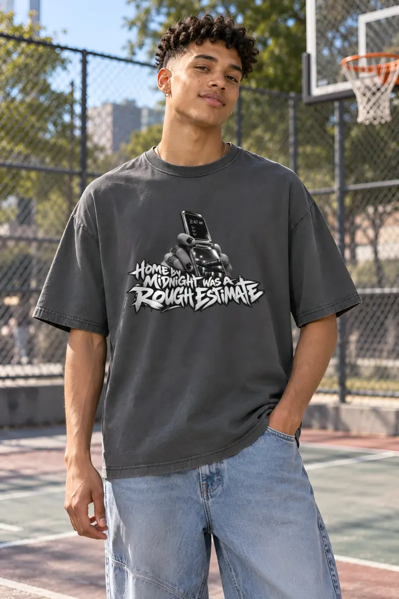"Home by Midnight Was a Rough Estimate" Unisex Oversized Heavyweight Crewneck T-Shirt