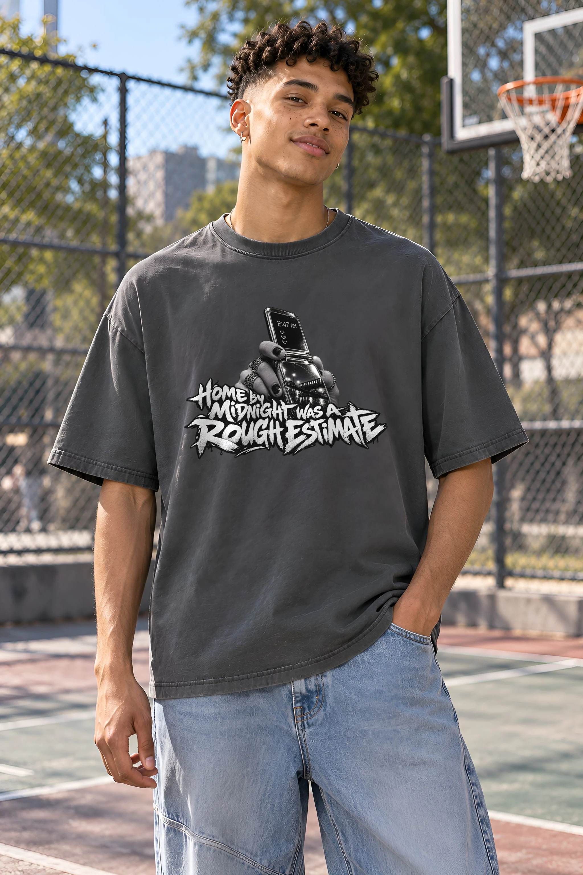 "Home by Midnight Was a Rough Estimate" Unisex Oversized Heavyweight Crewneck T-Shirt