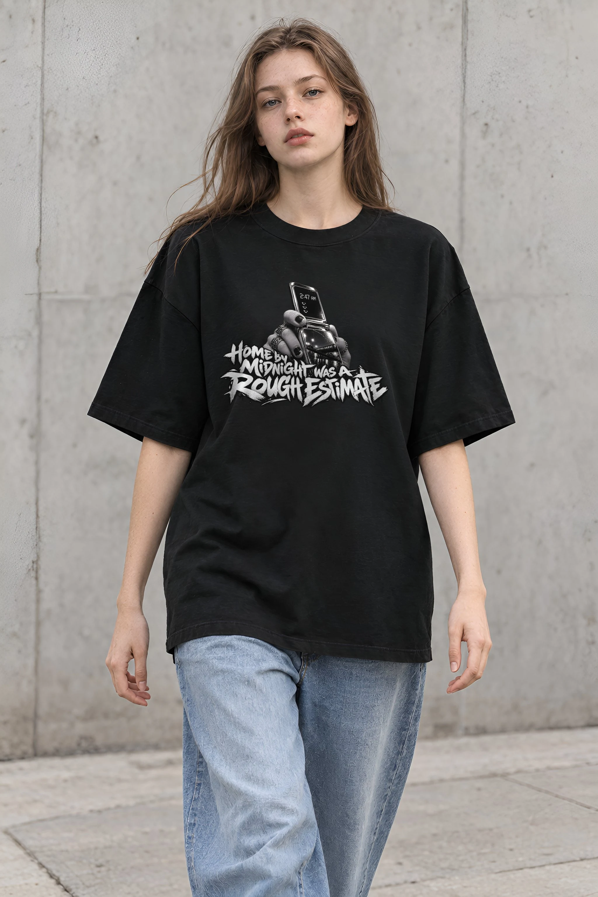 "Home by Midnight Was a Rough Estimate" Unisex Oversized Heavyweight Crewneck T-Shirt