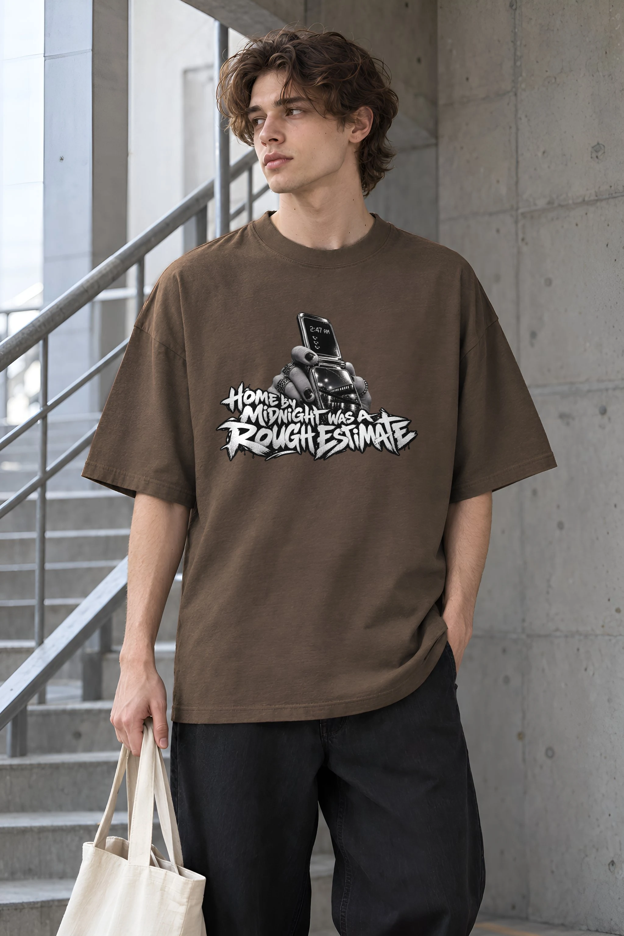 "Home by Midnight Was a Rough Estimate" Unisex Oversized Heavyweight Crewneck T-Shirt