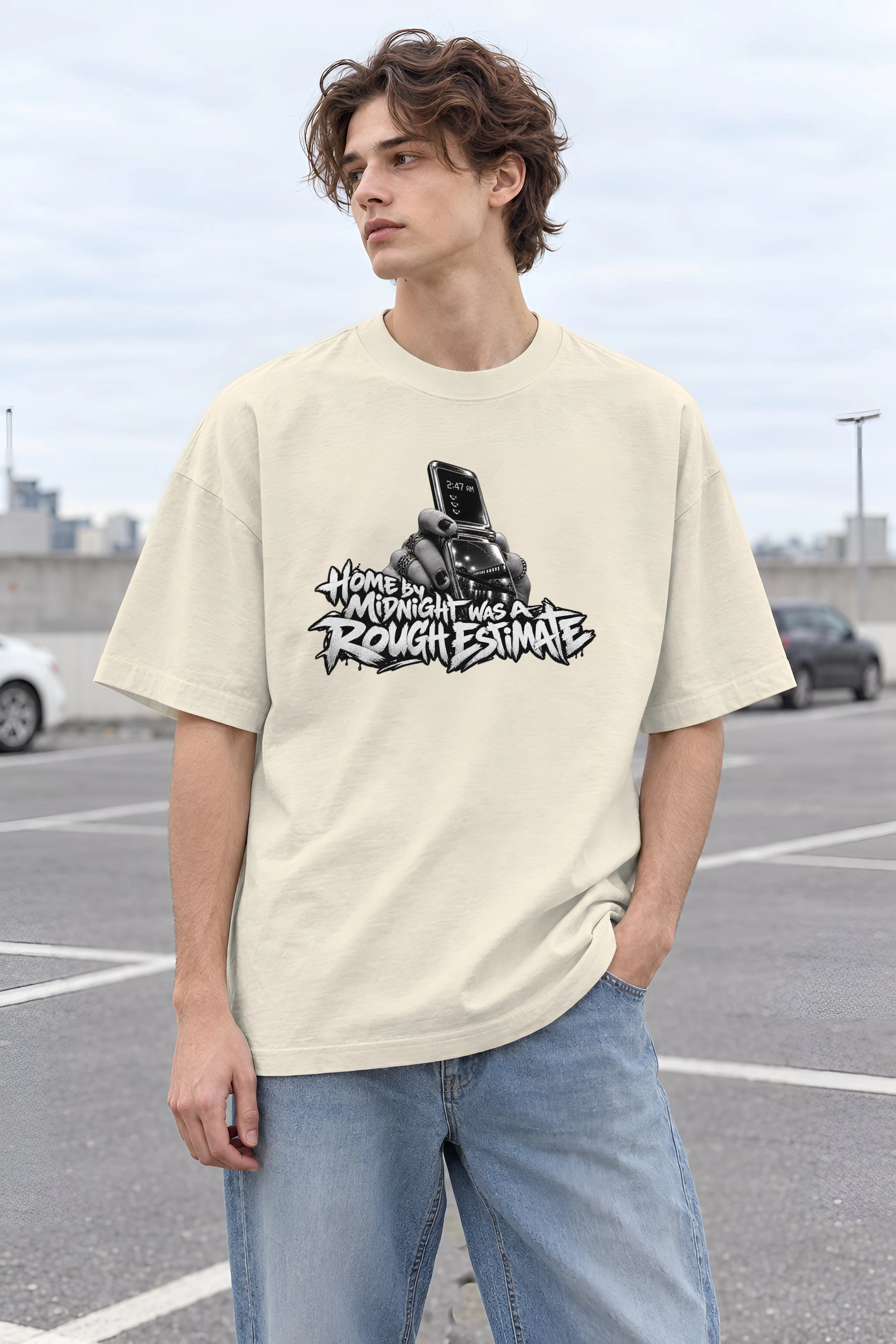 "Home by Midnight Was a Rough Estimate" Unisex Oversized Heavyweight Crewneck T-Shirt
