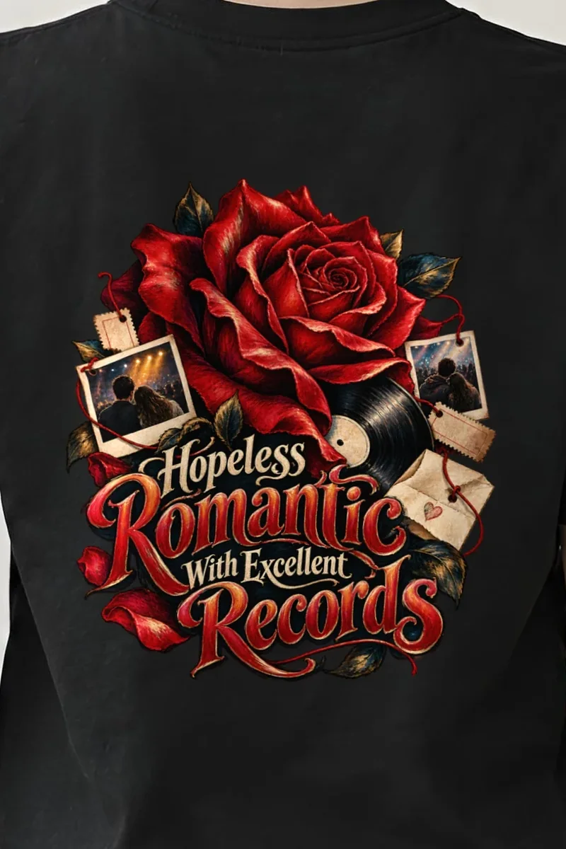 "Hopeless Romantic With Excellent Records" Heavyweight Unisex Crewneck T-shirt - the graphic up close