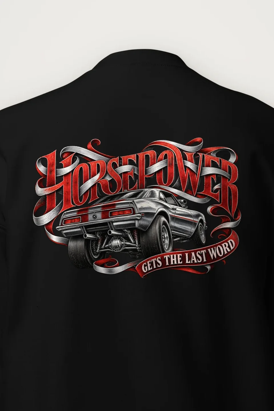 "Horsepower Gets the Last Word" Heavy Blend Unisex Crewneck Sweatshirt - the graphic up close