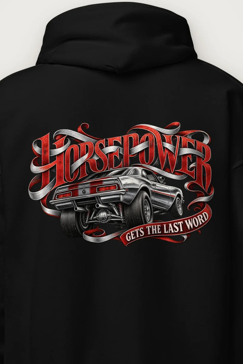 "Horsepower Gets the Last Word" Heavy Blend Unisex Pullover Hoodie - the graphic up close
