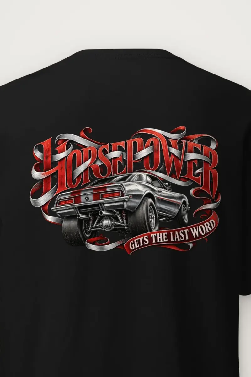 "Horsepower Gets the Last Word" Heavyweight Unisex Crewneck T-shirt - the graphic up close