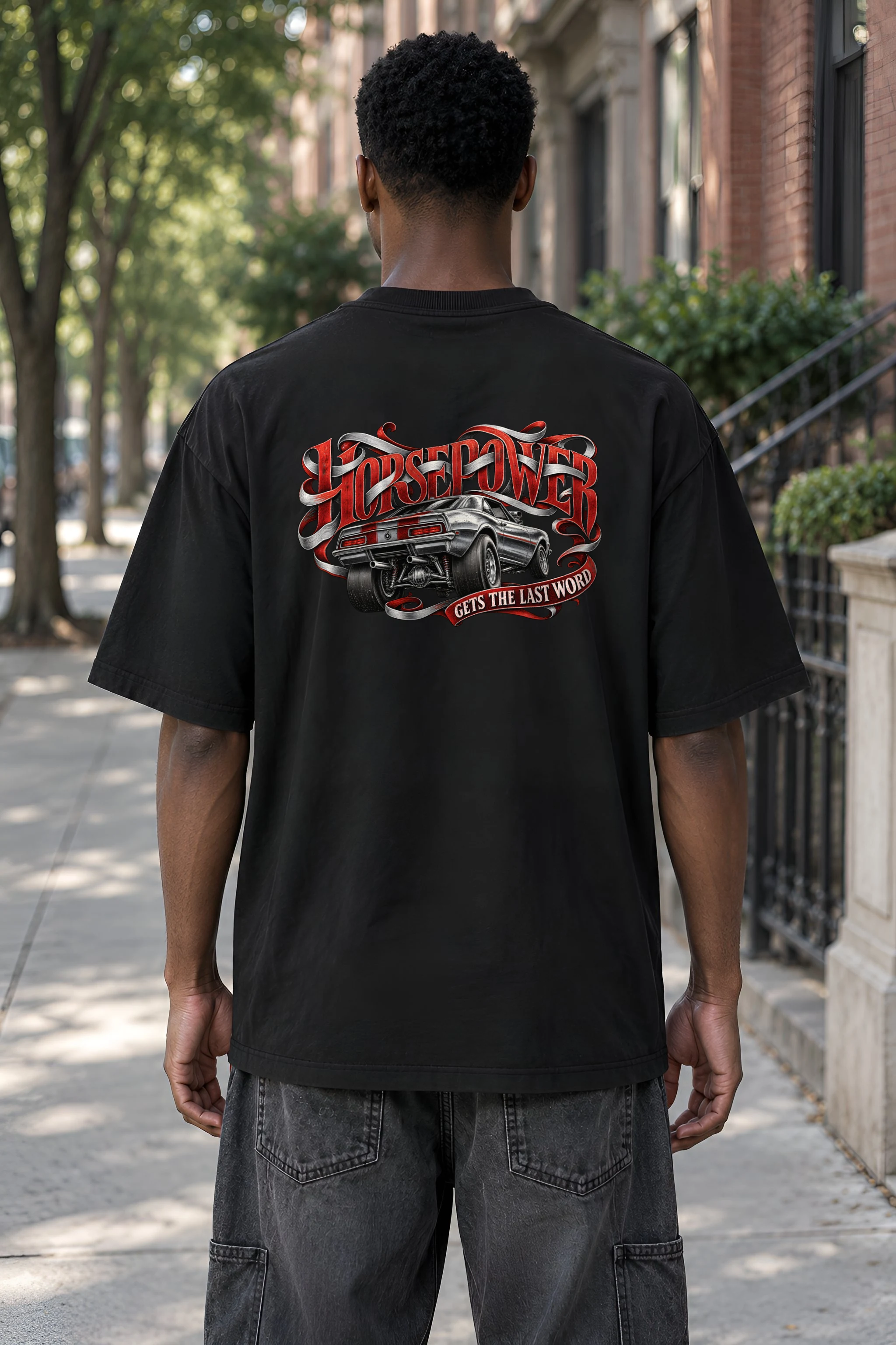 "Horsepower Gets the Last Word" Men's Oversized Heavyweight Crewneck T-Shirt