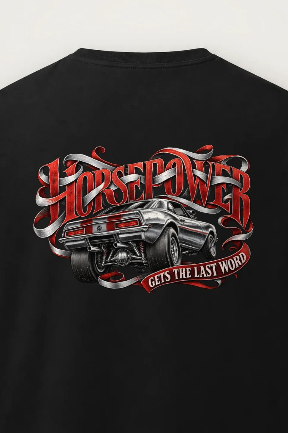 "Horsepower Gets the Last Word" Men’s Oversized Heavyweight Crewneck T-Shirt - the graphic up close