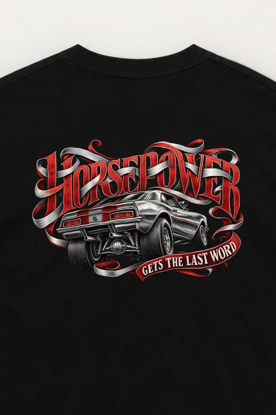 "Horsepower Gets the Last Word" Unisex Longsleeve T-shirt - the graphic up close