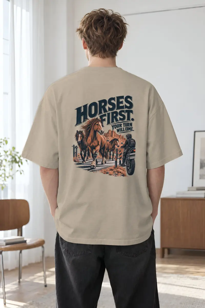 “Horses First” Men’s Oversized Heavyweight Crewneck T-Shirt
