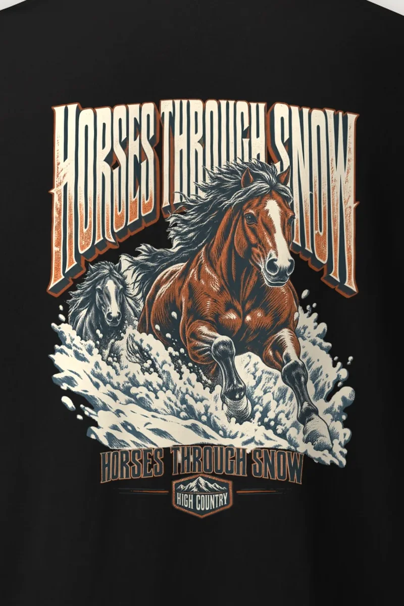 "Horses Through Snow" Heavyweight Unisex Crewneck T-shirt - the graphic up close