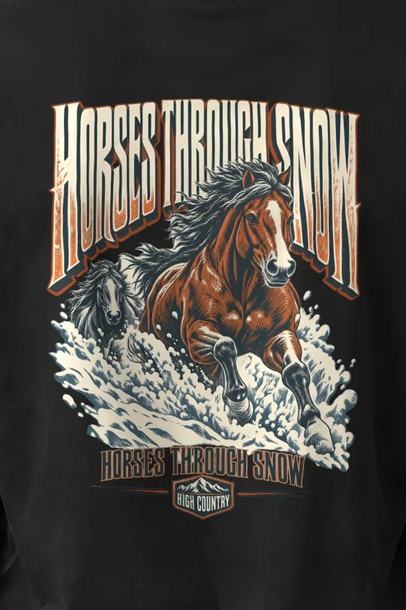 "Horses Through Snow" Unisex Longsleeve T-shirt - the graphic up close