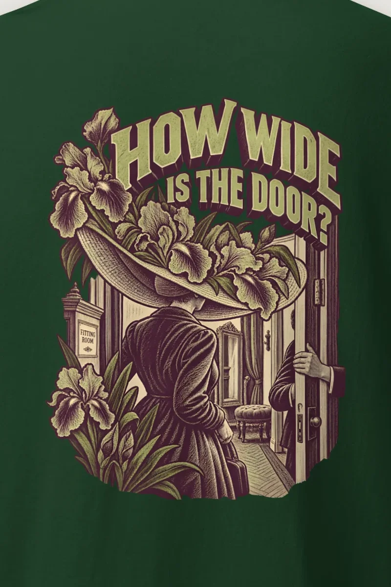 "How Wide Is the Door?" Heavyweight Unisex Crewneck T-shirt - the graphic up close