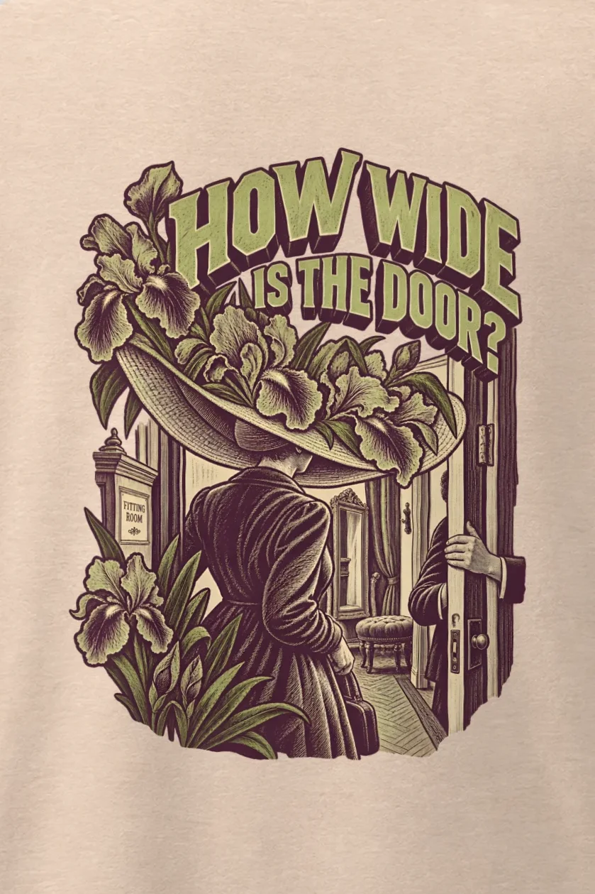 "How Wide Is The Door" Men’s Oversized Heavyweight Crewneck T-Shirt - the graphic up close