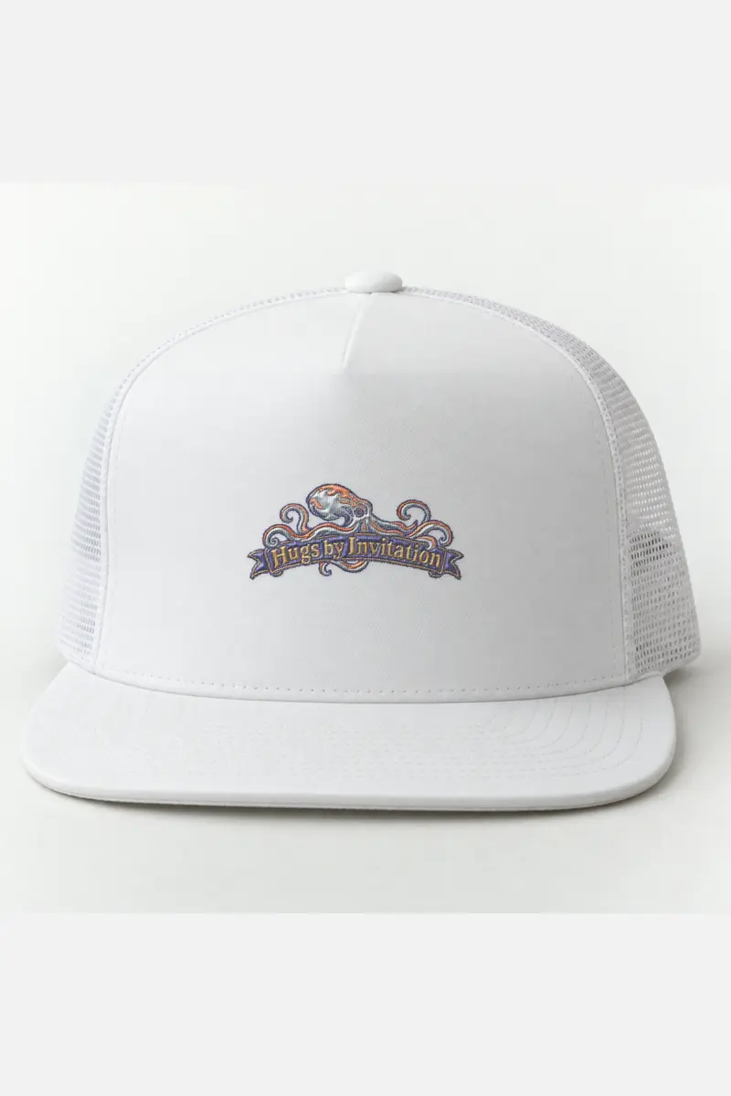 "Hugs by Invitation" 5 Panel Trucker Cap · Embroidered