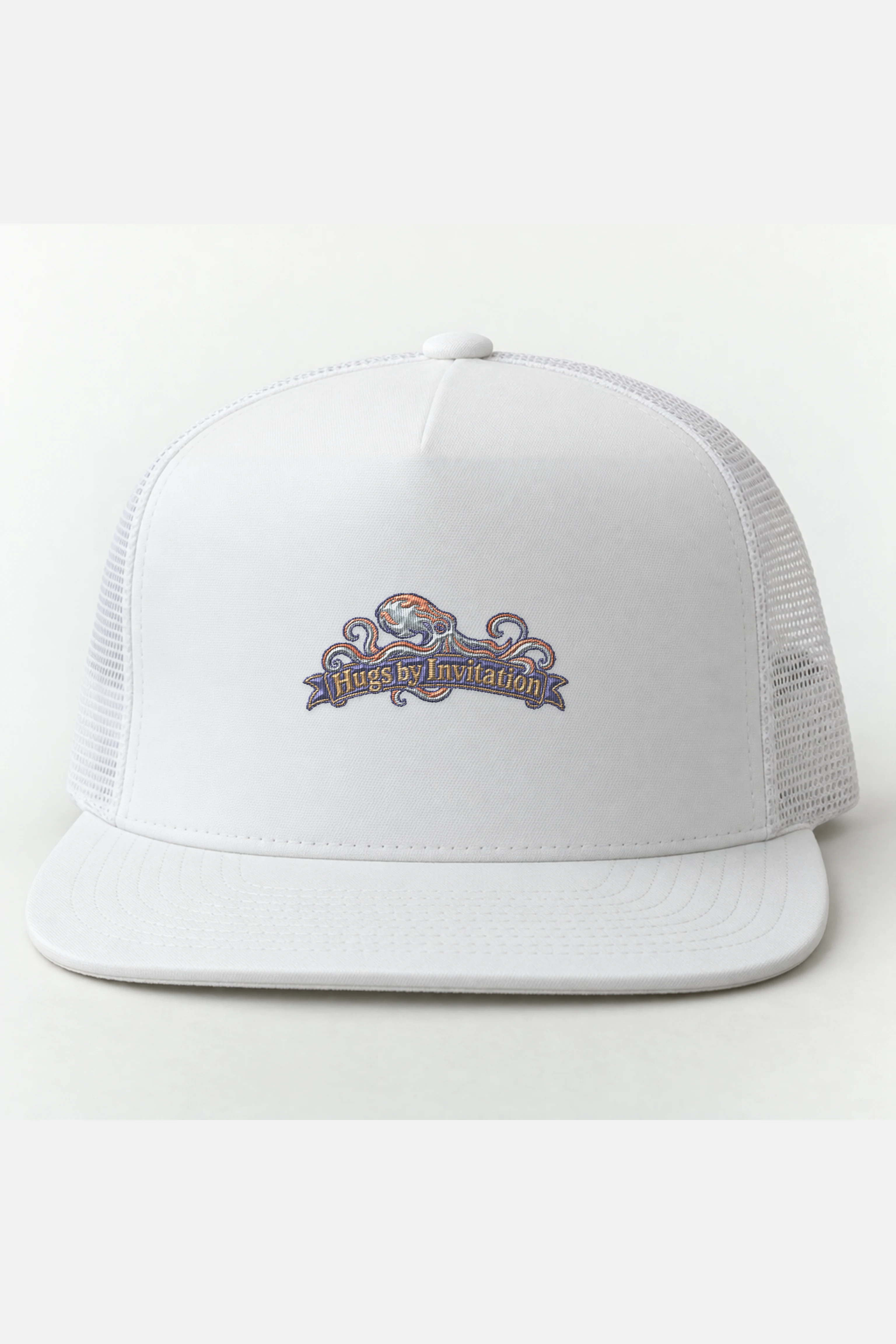 "Hugs by Invitation" 5 Panel Trucker Cap · Embroidered