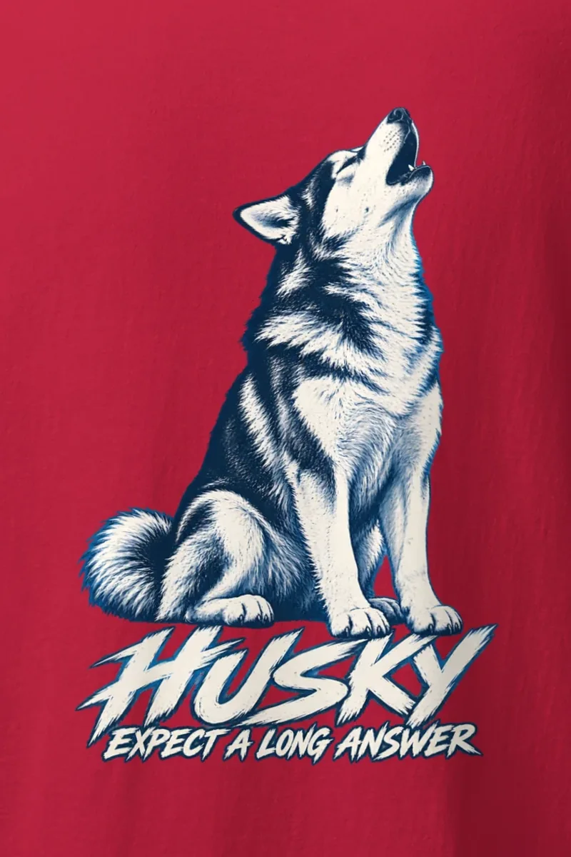 "Husky Expect a Long Answer" Heavyweight Unisex Crewneck T-shirt - the graphic up close