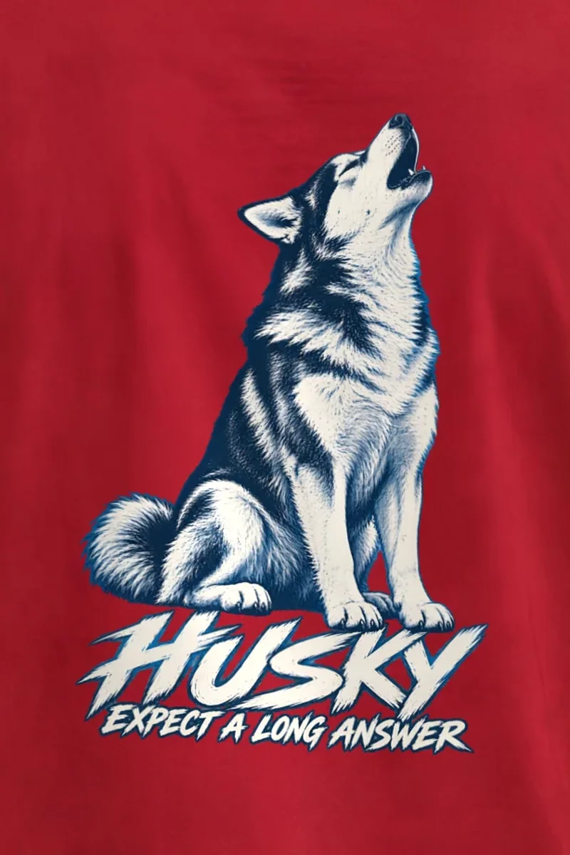 "Husky Expect a Long Answer" Heavyweight Unisex Crewneck T-shirt - the graphic up close