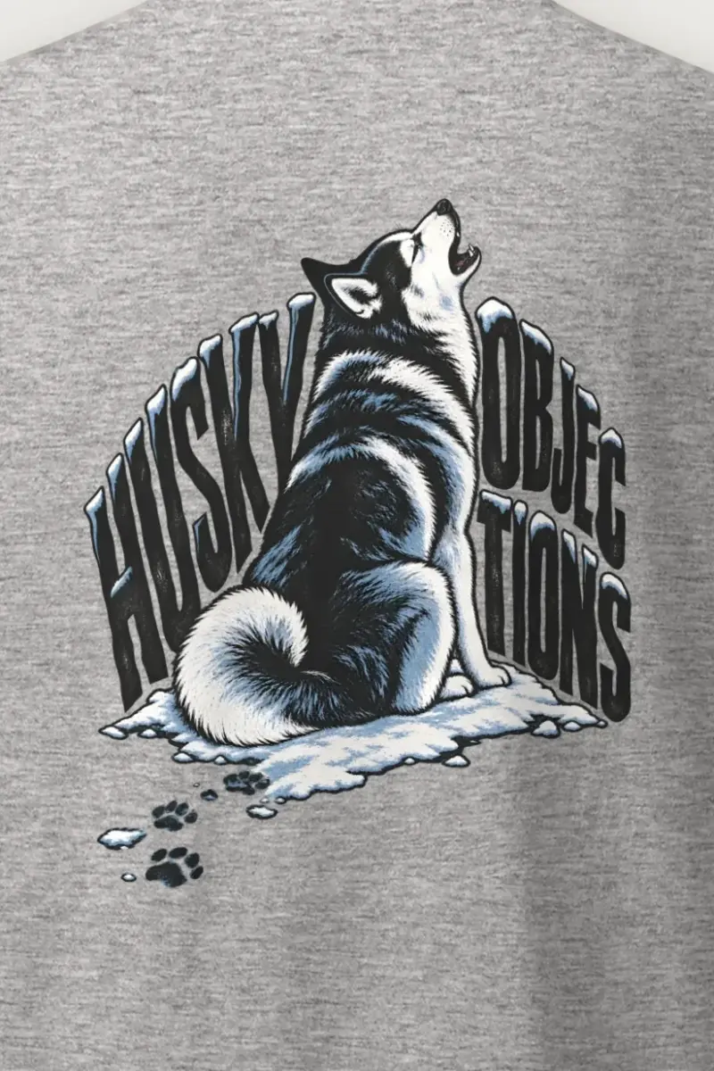 "Husky Objections" Heavyweight Unisex Crewneck T-shirt - the graphic up close