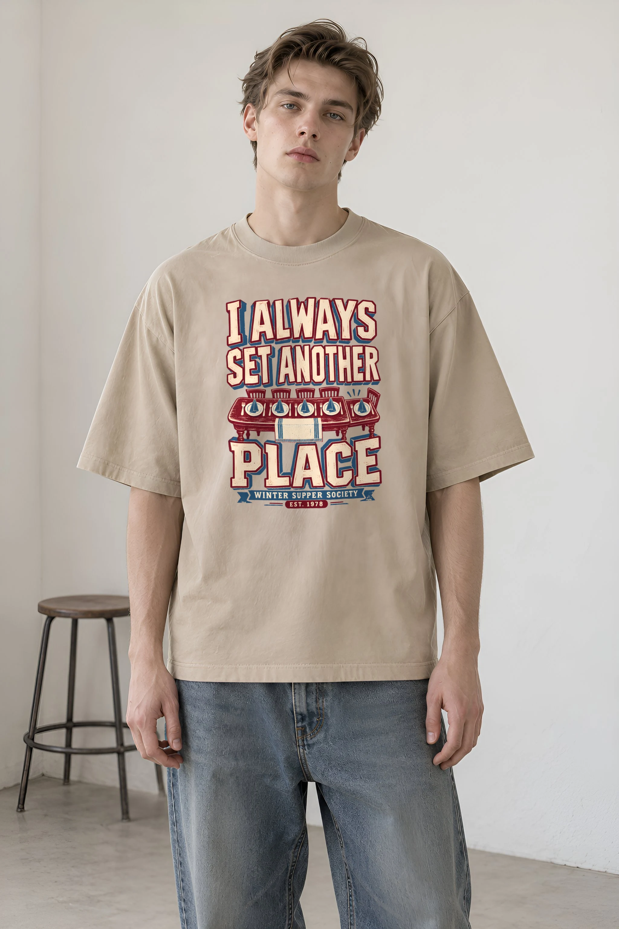 "I Always Set Another Place" Unisex Oversized Heavyweight Crewneck T-Shirt