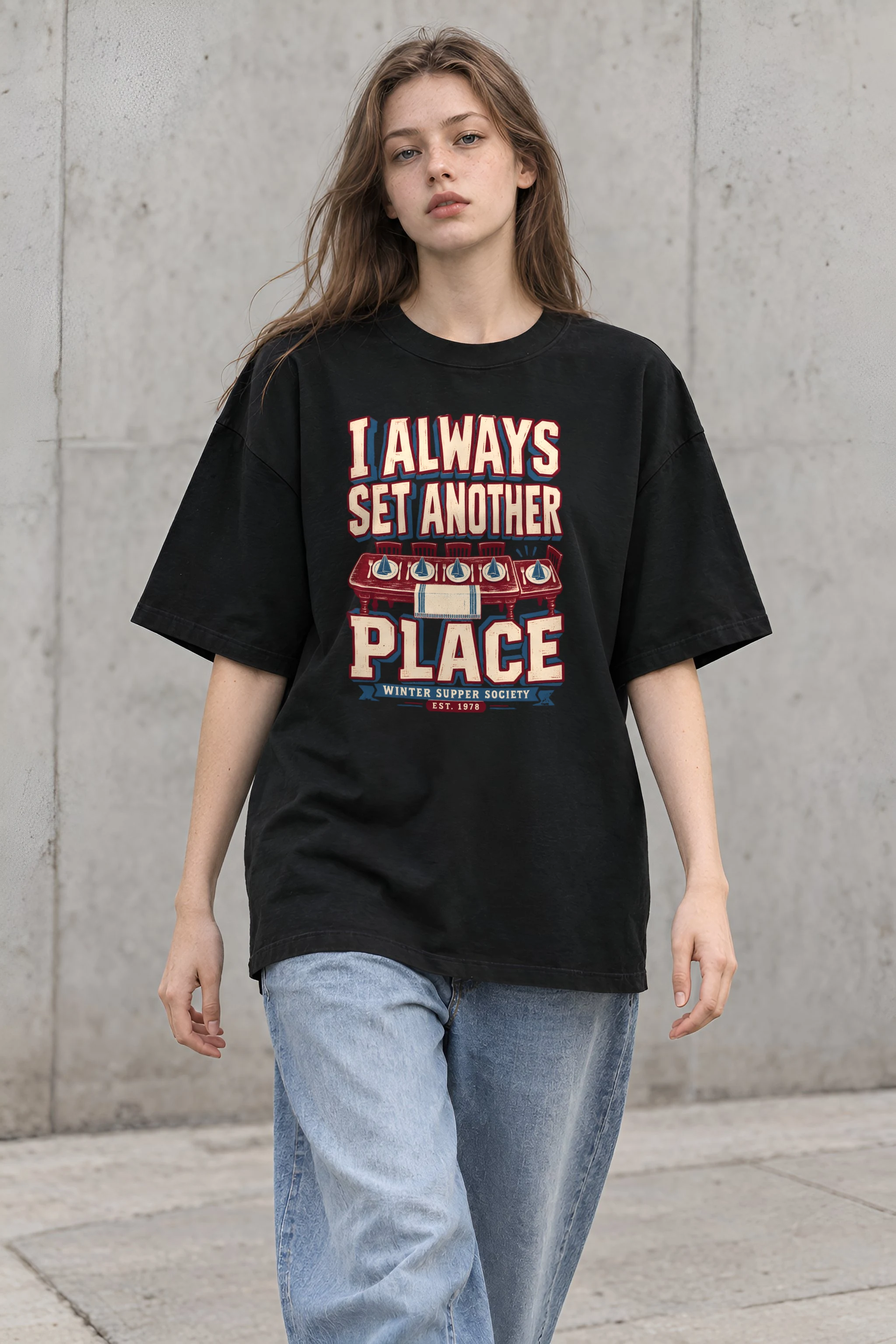"I Always Set Another Place" Unisex Oversized Heavyweight Crewneck T-Shirt