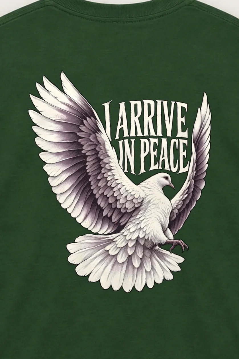 "I Arrive in Peace Dove" Unisex Longsleeve T-shirt - the graphic up close