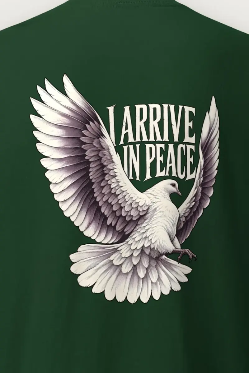 "I Arrive in Peace" Heavyweight Unisex Crewneck T-shirt - the graphic up close