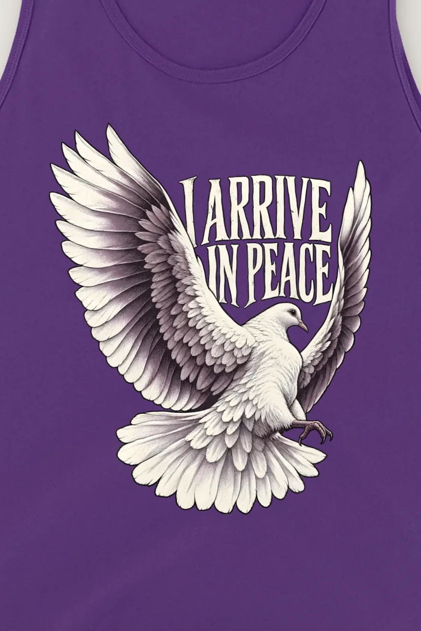 "I Arrive in Peace" Unisex Jersey Tank - the graphic up close