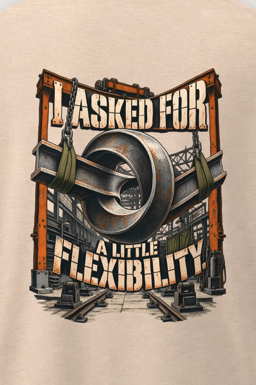 "I Asked for a Little Flexibility" Men’s Oversized Heavyweight Crewneck T-Shirt - the graphic up close