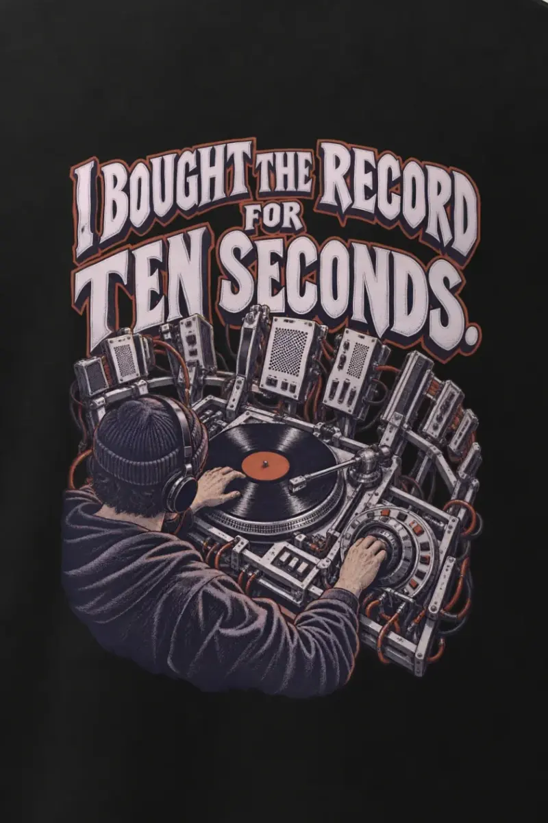 "I Bought the Record for Ten Seconds" Men’s Oversized Heavyweight Crewneck T-Shirt - the graphic up close