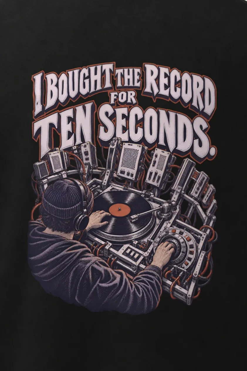 "I Bought the Record for Ten Seconds" Men’s Oversized Heavyweight Crewneck T-Shirt - the graphic up close