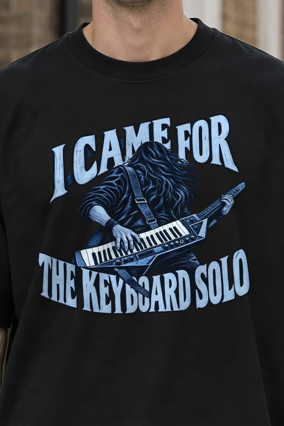 "I Came for the Keyboard Solo" Men’s Oversized Heavyweight Crewneck T-Shirt - the graphic up close