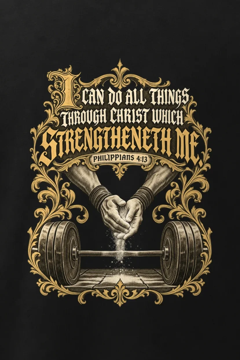 "I Can Do All Things Through Christ" Men’s Oversized Heavyweight Crewneck T-Shirt - the graphic up close
