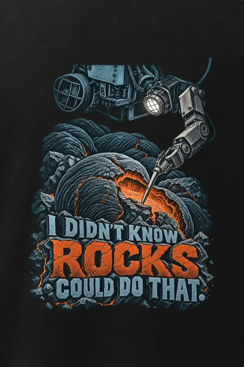 "I Didn’t Know Rocks Could Do That" Men’s Oversized Heavyweight Crewneck T-Shirt - the graphic up close