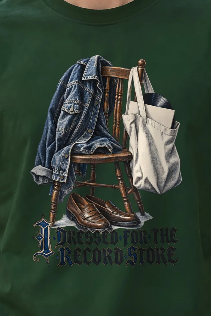 "I Dressed For The Record Store" Heavyweight Unisex Crewneck T-shirt - the graphic up close