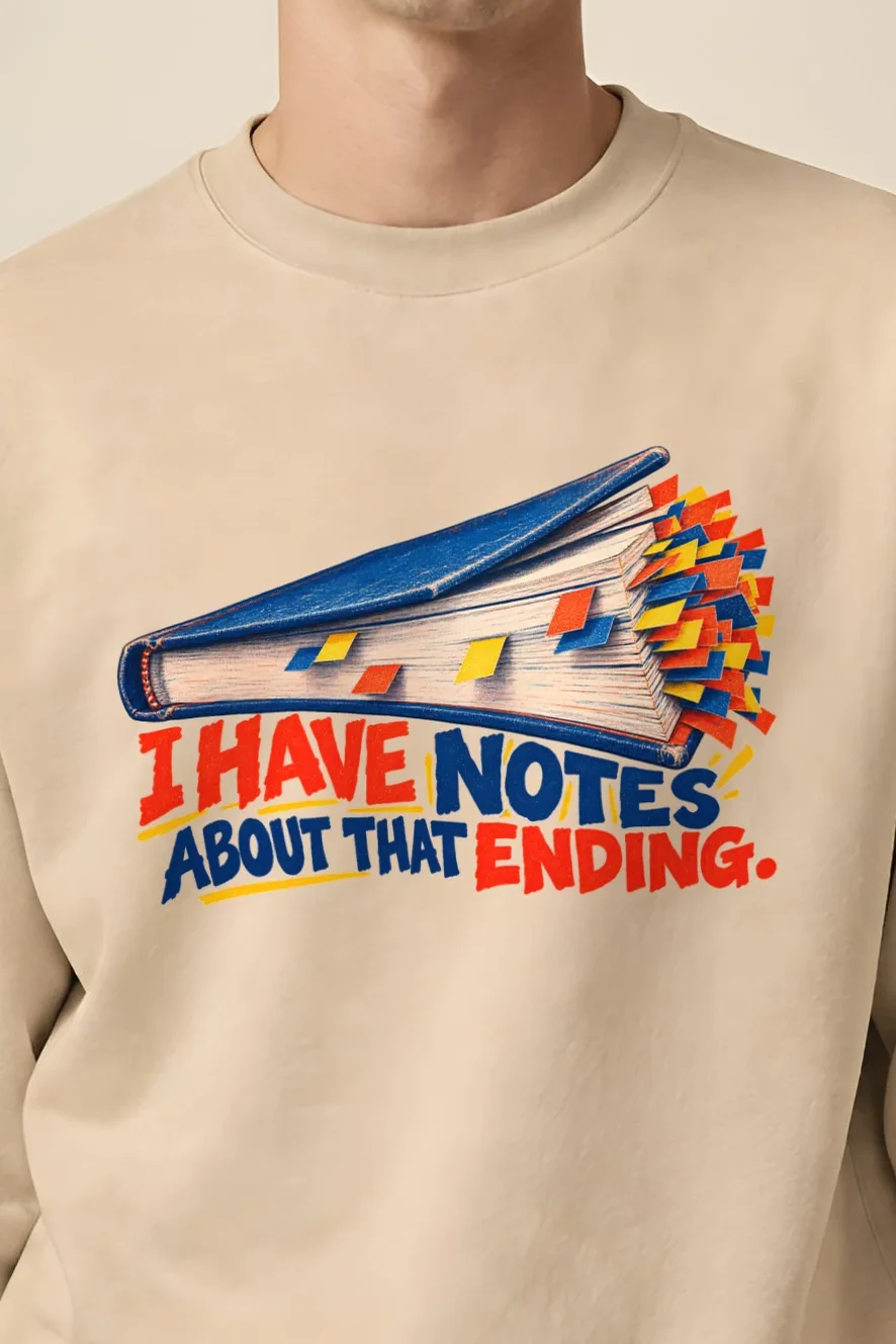 "I Have Notes About That Ending" Heavy Blend Unisex Crewneck Sweatshirt - the graphic up close