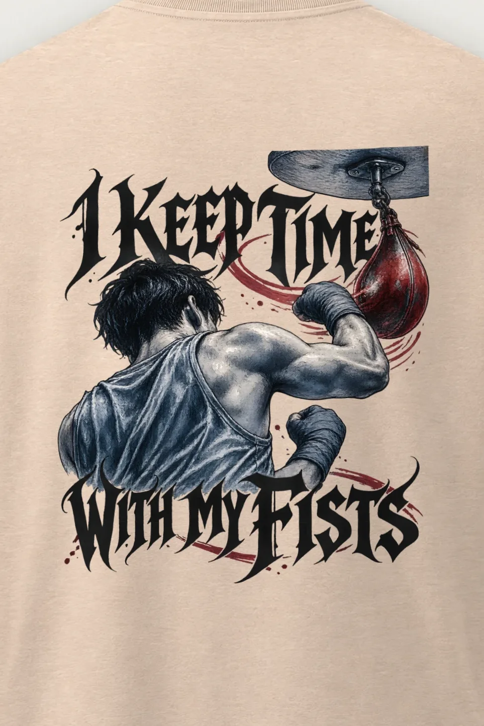 "I Keep Time With My Fists" Men’s Oversized Heavyweight Crewneck T-Shirt - the graphic up close