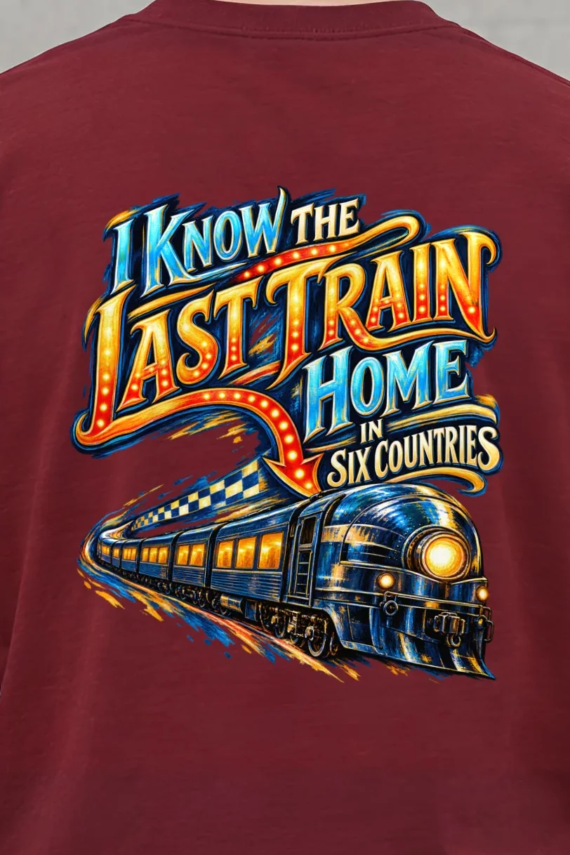 "I Know the Last Train Home" Heavyweight Unisex Crewneck T-shirt - the graphic up close